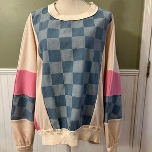 Colorblock Checkered Oversized Crewneck - Denim Blue, Pink, Cream